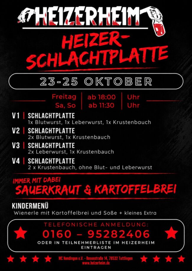 Flyer zur Heizer-Schlachtplatte vom 23. bis 25. Oktober 2026 mit vier Menüvarianten, Kindermenü und Anmeldung unter 0160 95282406.