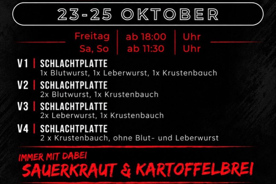 Flyer zur Heizer-Schlachtplatte vom 23. bis 25. Oktober 2026 mit vier Menüvarianten, Kindermenü und Anmeldung unter 0160 95282406.